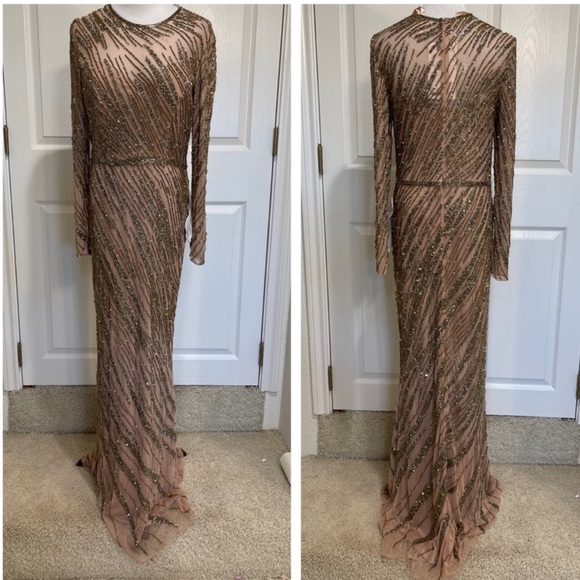 NWT MacDuggal LONG SLEEVE BEADED COLUMN GOWN-
Mocha size‎ 10 - Picture 3 of 7